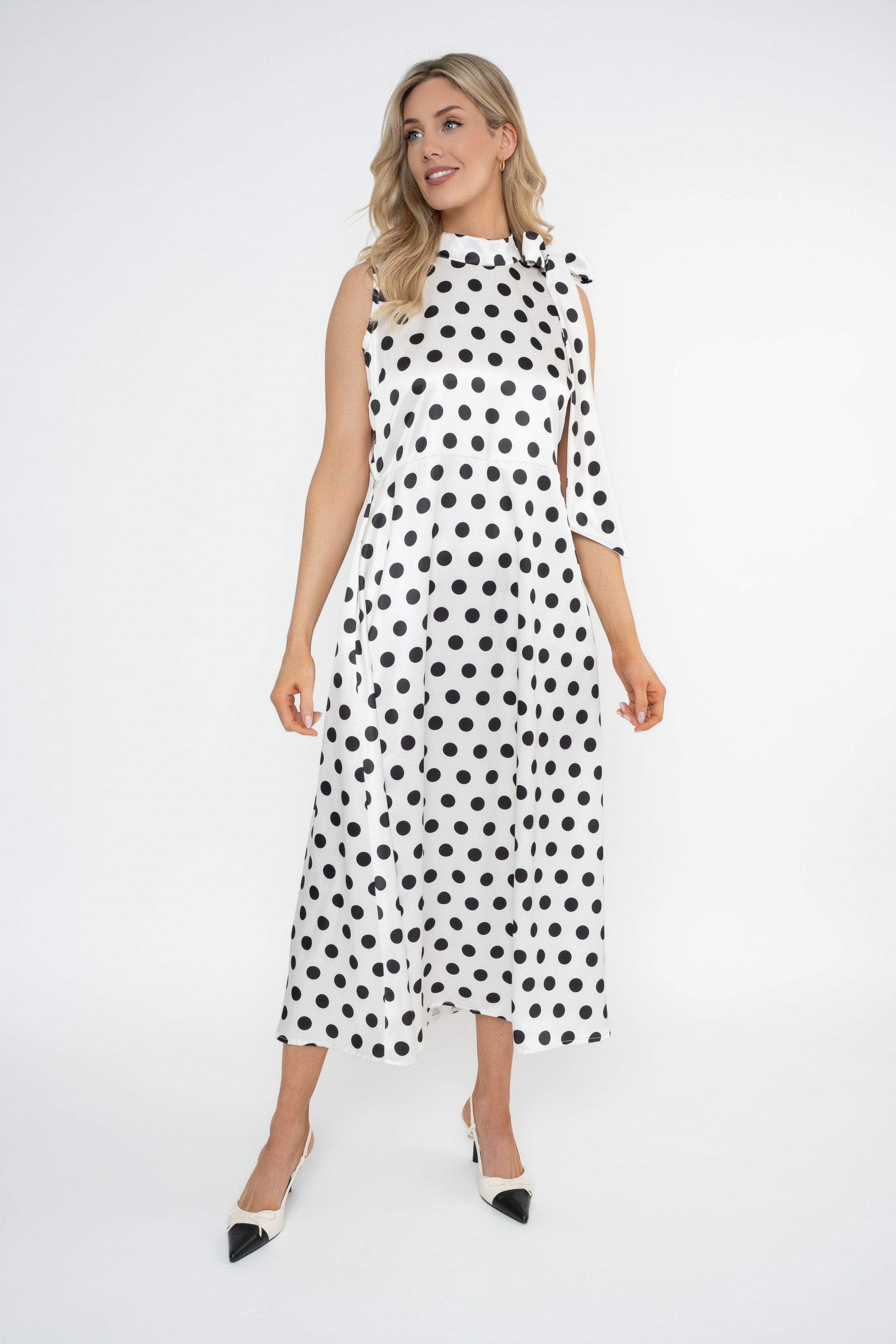 Bonnie Black & White Polka Dot Satin Sleeveless Midi Dress