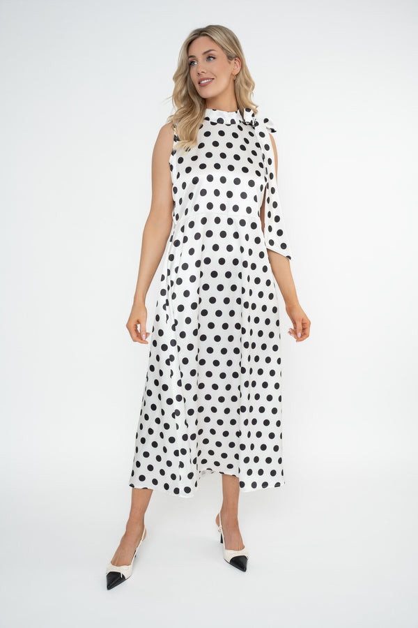 Carraig Donn Bonnie Black & White Polka Dot Satin Sleeveless Midi Dress