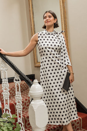 Carraig Donn Bonnie Black & White Polka Dot Satin Sleeveless Midi Dress