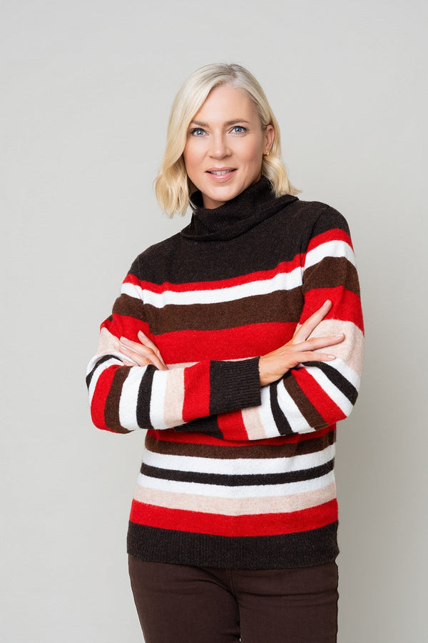 Carraig Donn Brown and Red Wool Knit Roll Neck Stripe Sweater