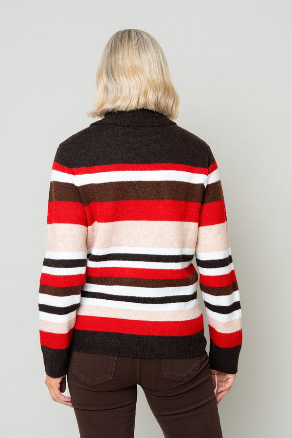 Carraig Donn Brown and Red Wool Knit Roll Neck Stripe Sweater