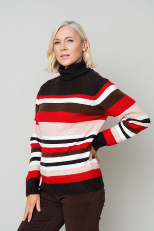 Carraig Donn Brown and Red Wool Knit Roll Neck Stripe Sweater