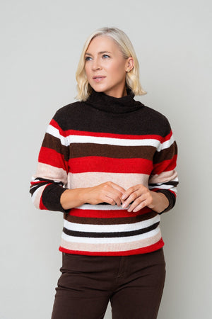 Carraig Donn Brown and Red Wool Knit Roll Neck Stripe Sweater