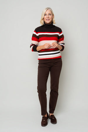 Carraig Donn Brown and Red Wool Knit Roll Neck Stripe Sweater