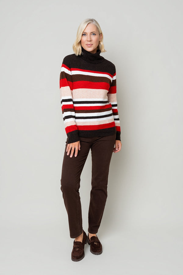 Carraig Donn Brown and Red Wool Knit Roll Neck Stripe Sweater