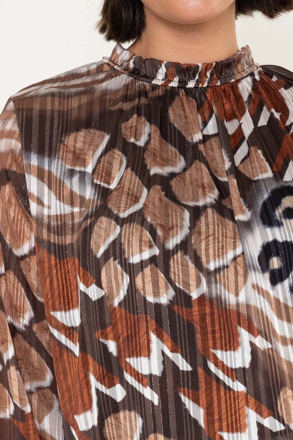 Carraig Donn Brown Animal Print Chiffon High Neck Long Sleeve Top