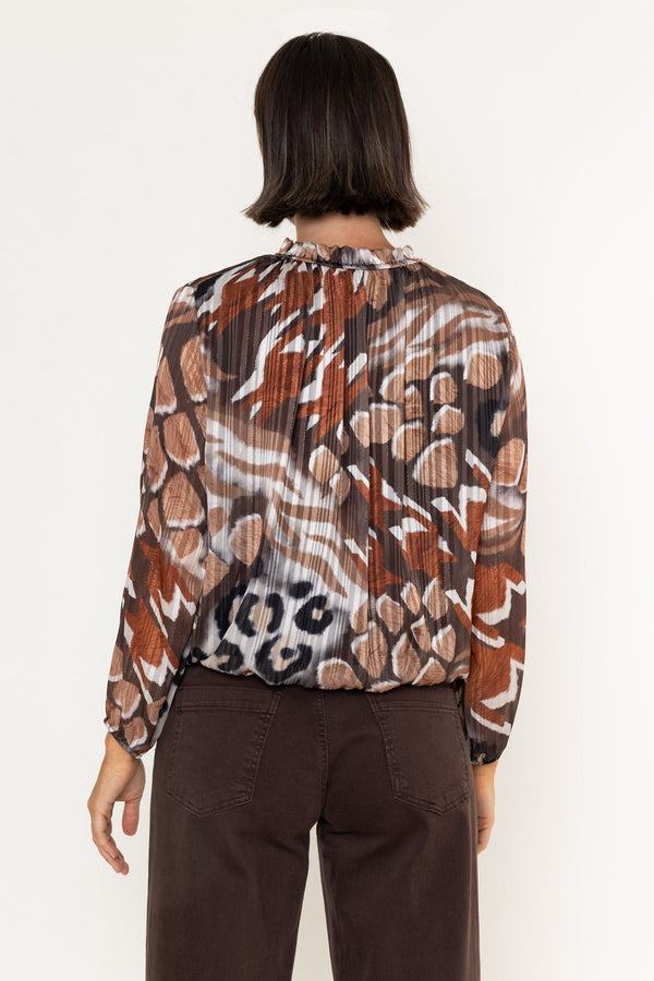Carraig Donn Brown Animal Print Chiffon High Neck Long Sleeve Top