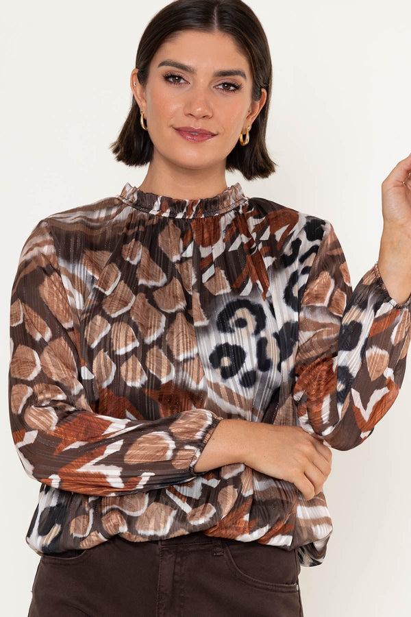 Carraig Donn Brown Animal Print Chiffon High Neck Long Sleeve Top