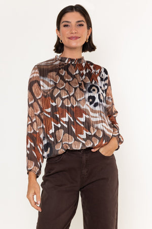 Carraig Donn Brown Animal Print Chiffon High Neck Long Sleeve Top