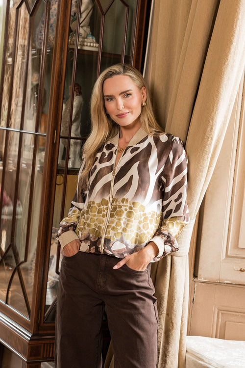 Brown Animal Printed Long Sleeve Bomber Jacket