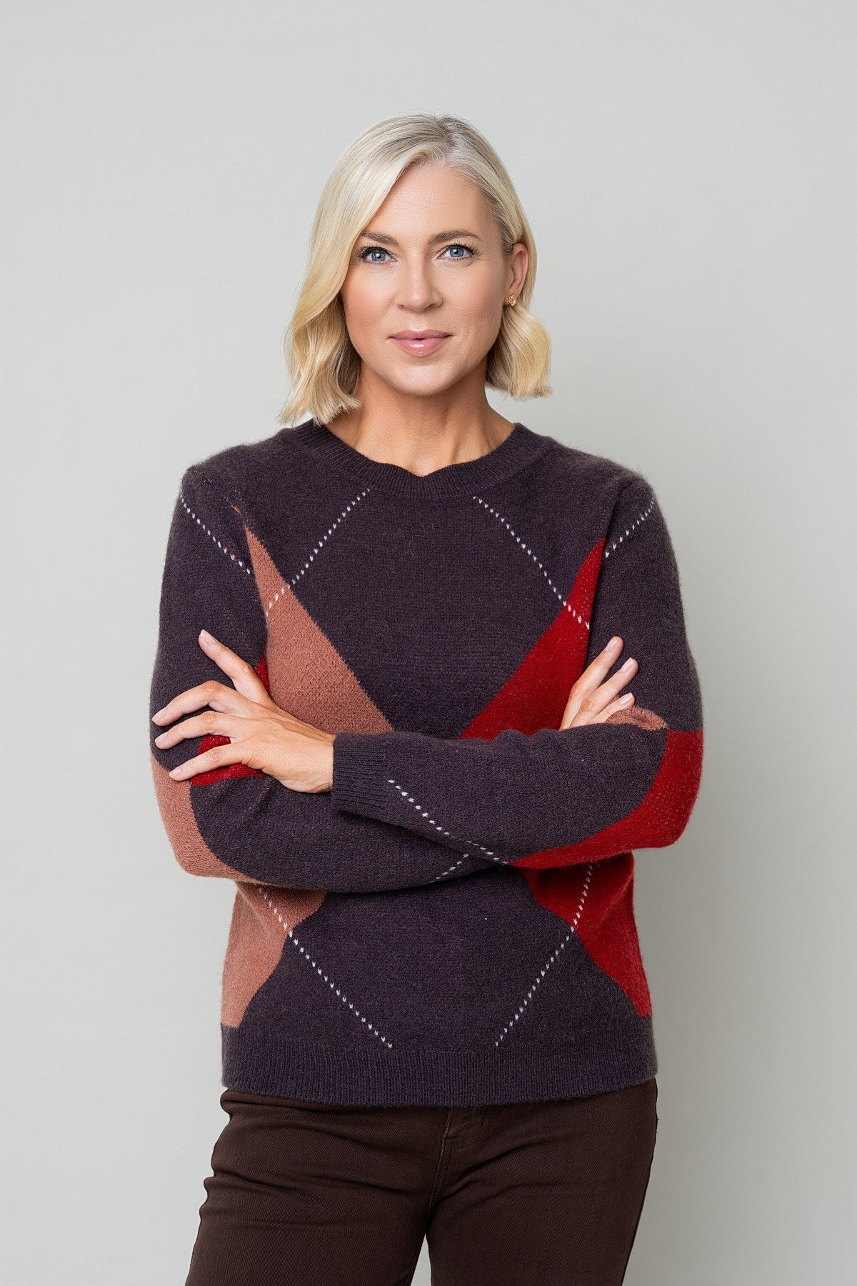 Brown Argyle Long Sleeve Sweater