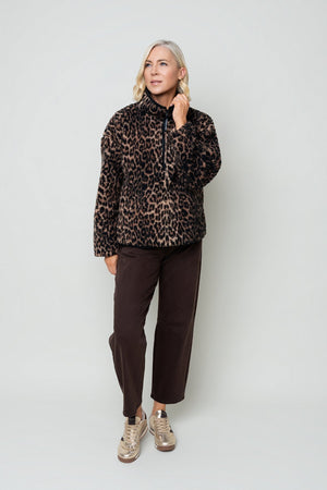 Carraig Donn Brown & Black Leopard Print Sherpa Half Zip Fleece