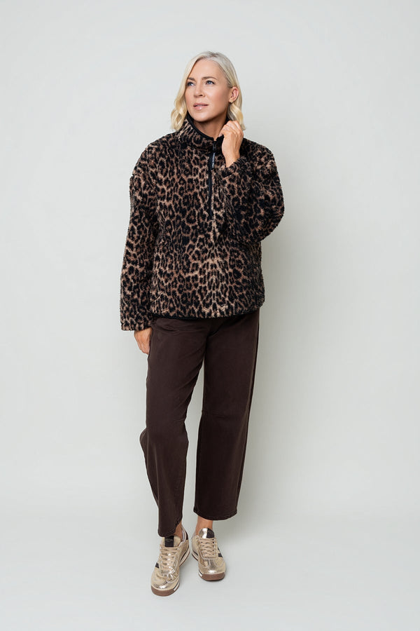Carraig Donn Brown & Black Leopard Print Sherpa Half Zip Fleece