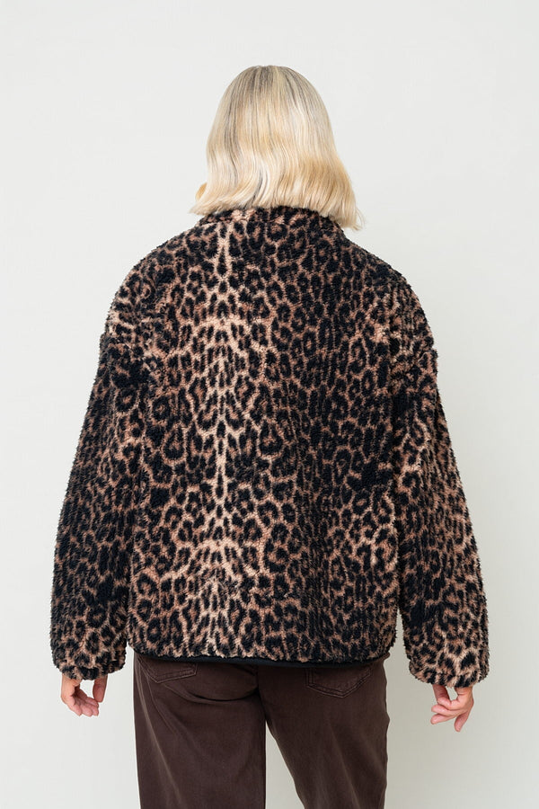 Carraig Donn Brown & Black Leopard Print Sherpa Half Zip Fleece