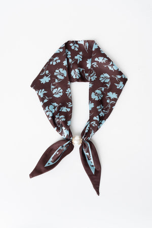 Carraig Donn Brown & Blue Floral Print Satin Pearl Clasp Neckerchief Scarf