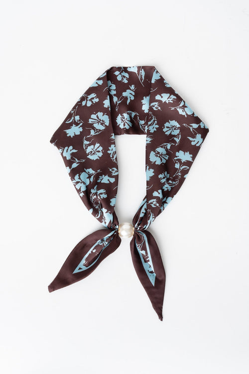 Brown & Blue Floral Print Satin Pearl Clasp Neckerchief Scarf