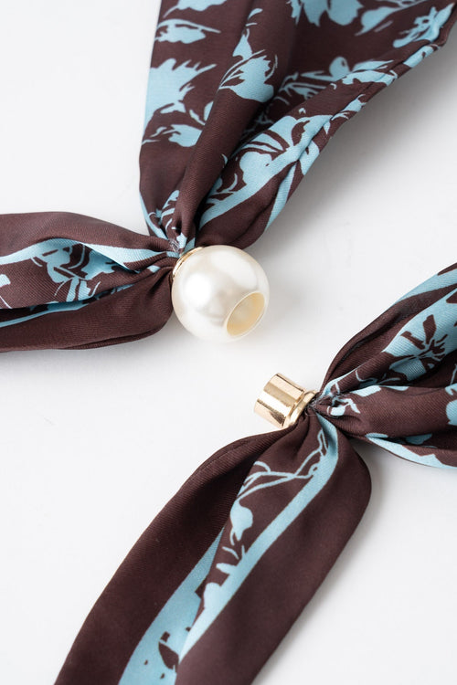 Carraig Donn Brown & Blue Floral Print Satin Pearl Clasp Neckerchief Scarf
