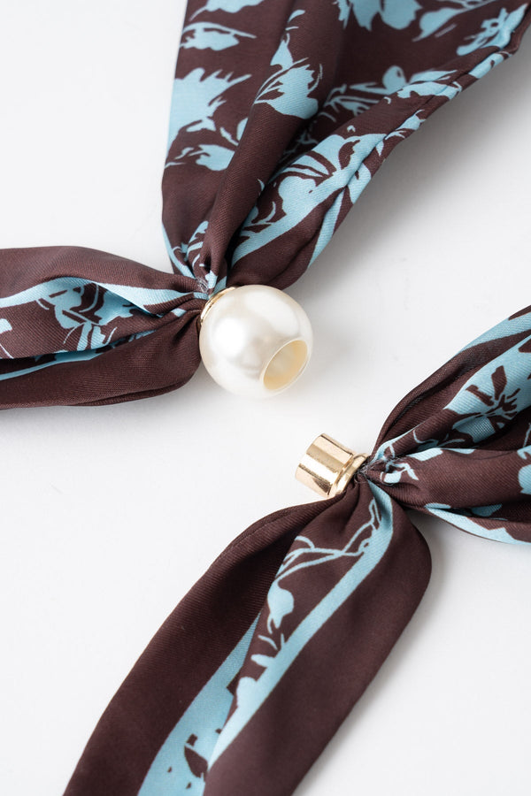 Carraig Donn Brown & Blue Floral Print Satin Pearl Clasp Neckerchief Scarf