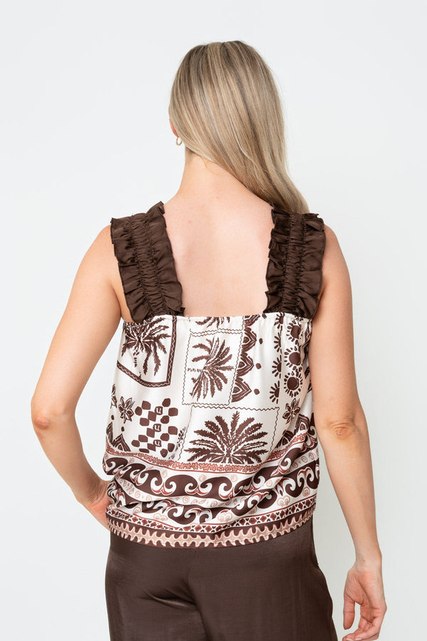 Carraig Donn Brown Boho Print Ruffle Sleeveless Top