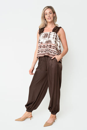 Carraig Donn Brown Boho Print Ruffle Sleeveless Top
