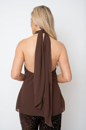 Carraig Donn Brown Brooch Detail Halter Sleeveless Top