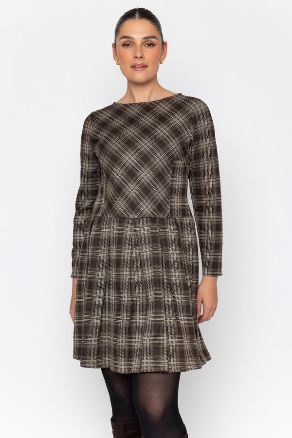 Carraig Donn Brown Checked Drop Waist Skater Long Sleeve Mini Dress