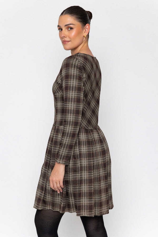 Carraig Donn Brown Checked Drop Waist Skater Long Sleeve Mini Dress