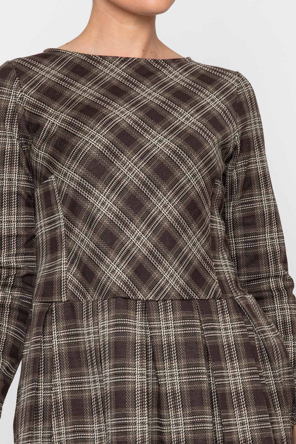 Carraig Donn Brown Checked Drop Waist Skater Long Sleeve Mini Dress