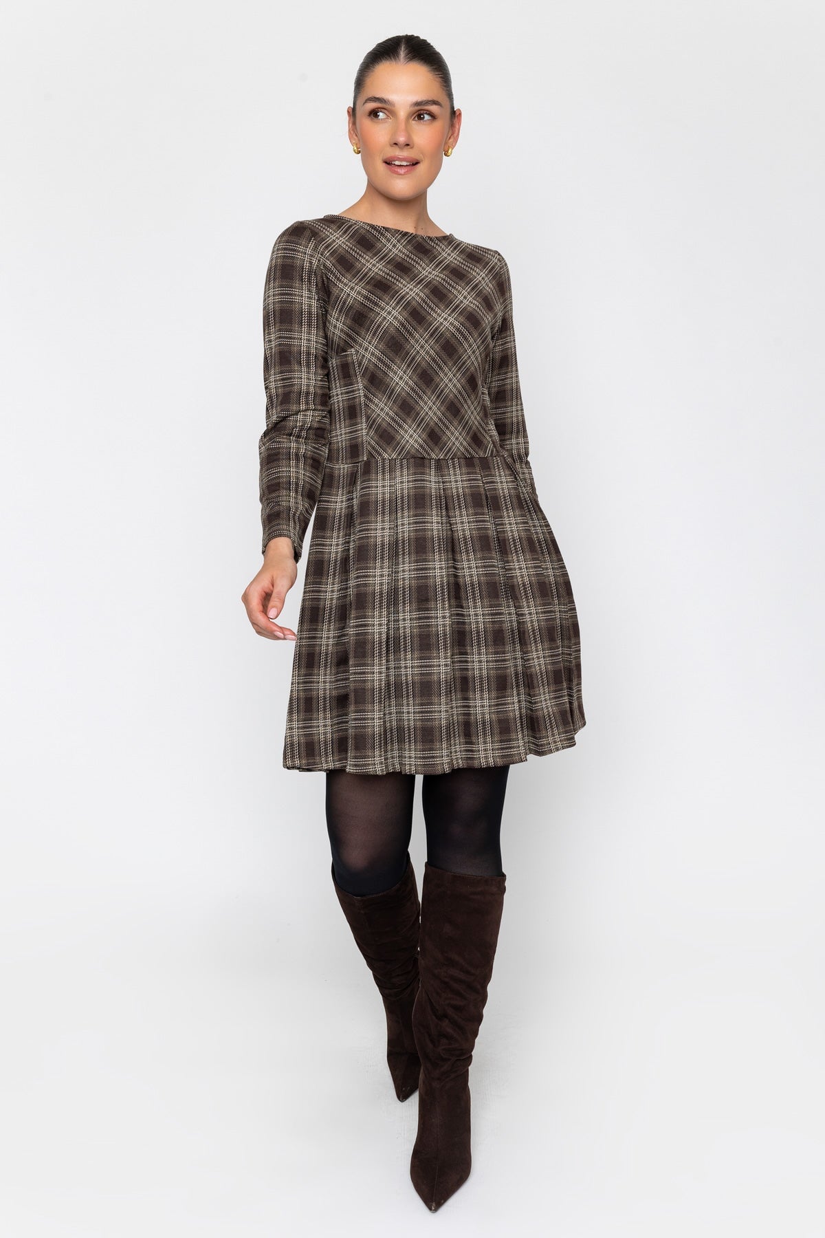 Brown Checked Drop Waist Skater Long Sleeve Mini Dress