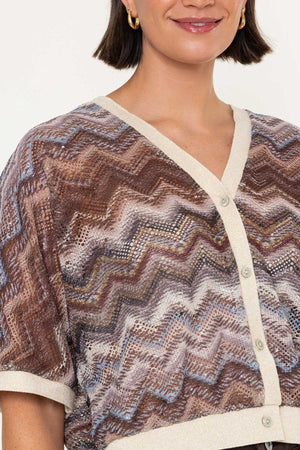 Carraig Donn Brown Chevron Print Knitted V-Neck Half Sleeve Cardigan