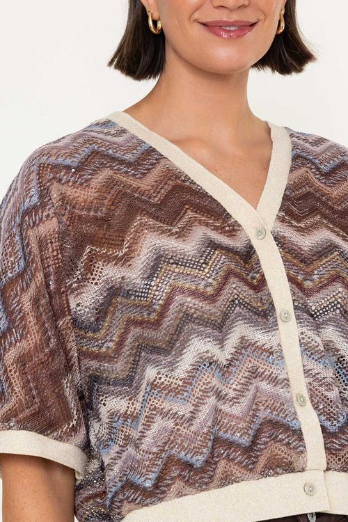 Carraig Donn Brown Chevron Print Knitted V-Neck Half Sleeve Cardigan