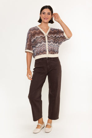 Carraig Donn Brown Chevron Print Knitted V-Neck Half Sleeve Cardigan