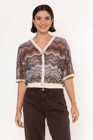 Carraig Donn Brown Chevron Print Knitted V-Neck Half Sleeve Cardigan