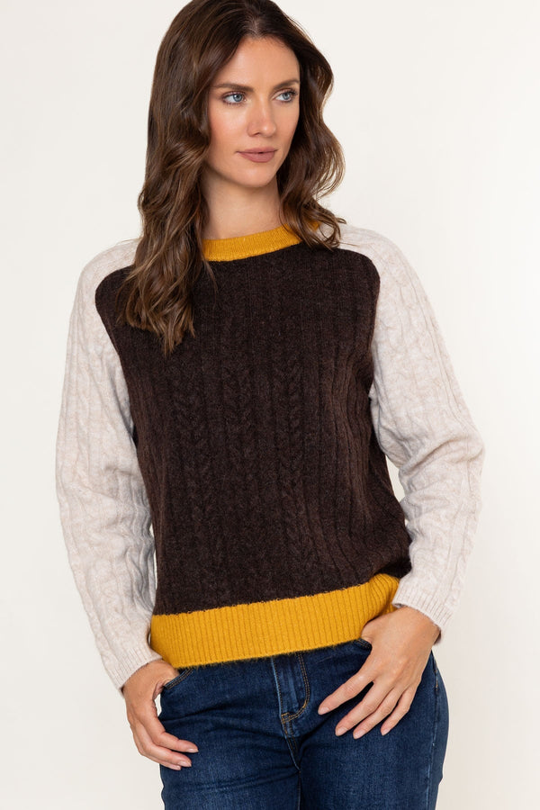 Carraig Donn Brown Colour Block Cable Knit Jumper