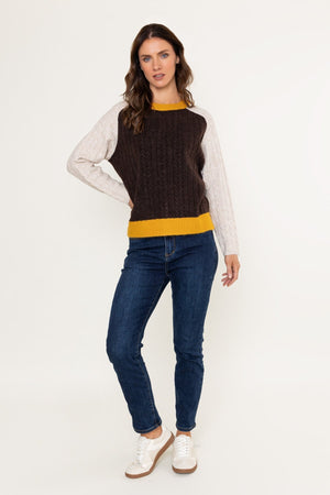 Carraig Donn Brown Colour Block Cable Knit Jumper