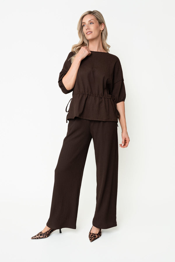 Carraig Donn Brown Crinkle Crepe Drawstring Wide Leg Trousers