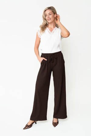 Carraig Donn Brown Crinkle Crepe Drawstring Wide Leg Trousers