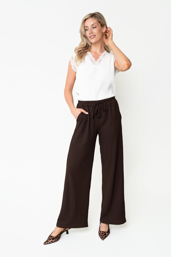 Carraig Donn Brown Crinkle Crepe Drawstring Wide Leg Trousers