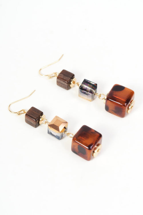 Brown Cube Bead And Stone Drop Earrings