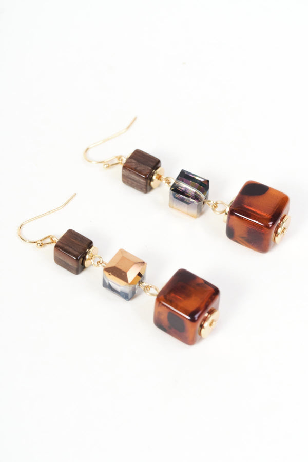 Carraig Donn Brown Cube Bead And Stone Drop Earrings