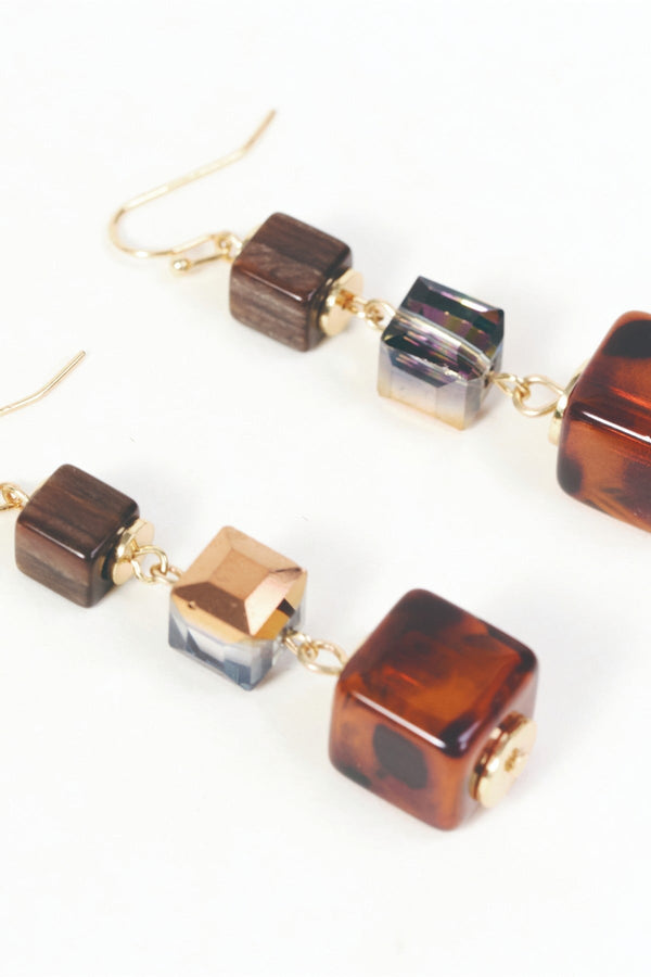 Carraig Donn Brown Cube Bead And Stone Drop Earrings