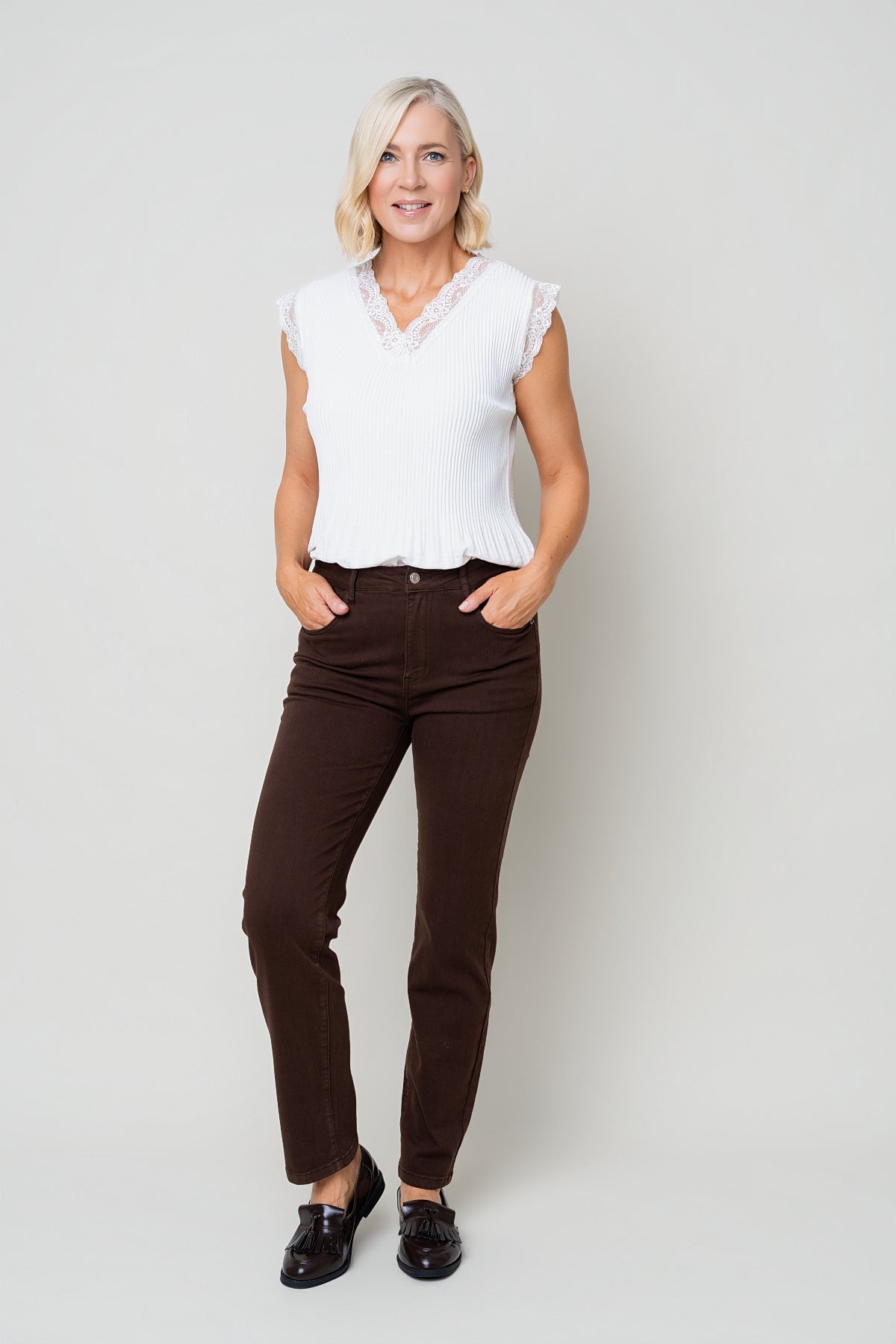 Brown Denim High Waist Straight Leg 5 Pocket Jeans