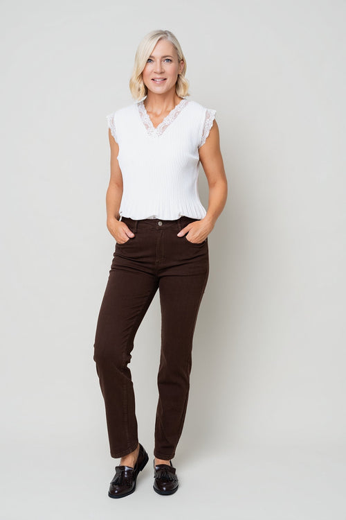 Brown Denim High Waist Straight Leg 5 Pocket Jeans