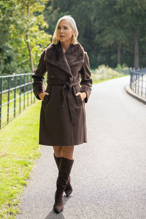 Carraig Donn Brown Faux Fur Collar And Cuffs Belted Longline Coat