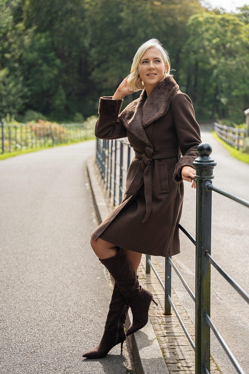 Brown Faux Fur Collar And Cuffs Belted Longline Coat