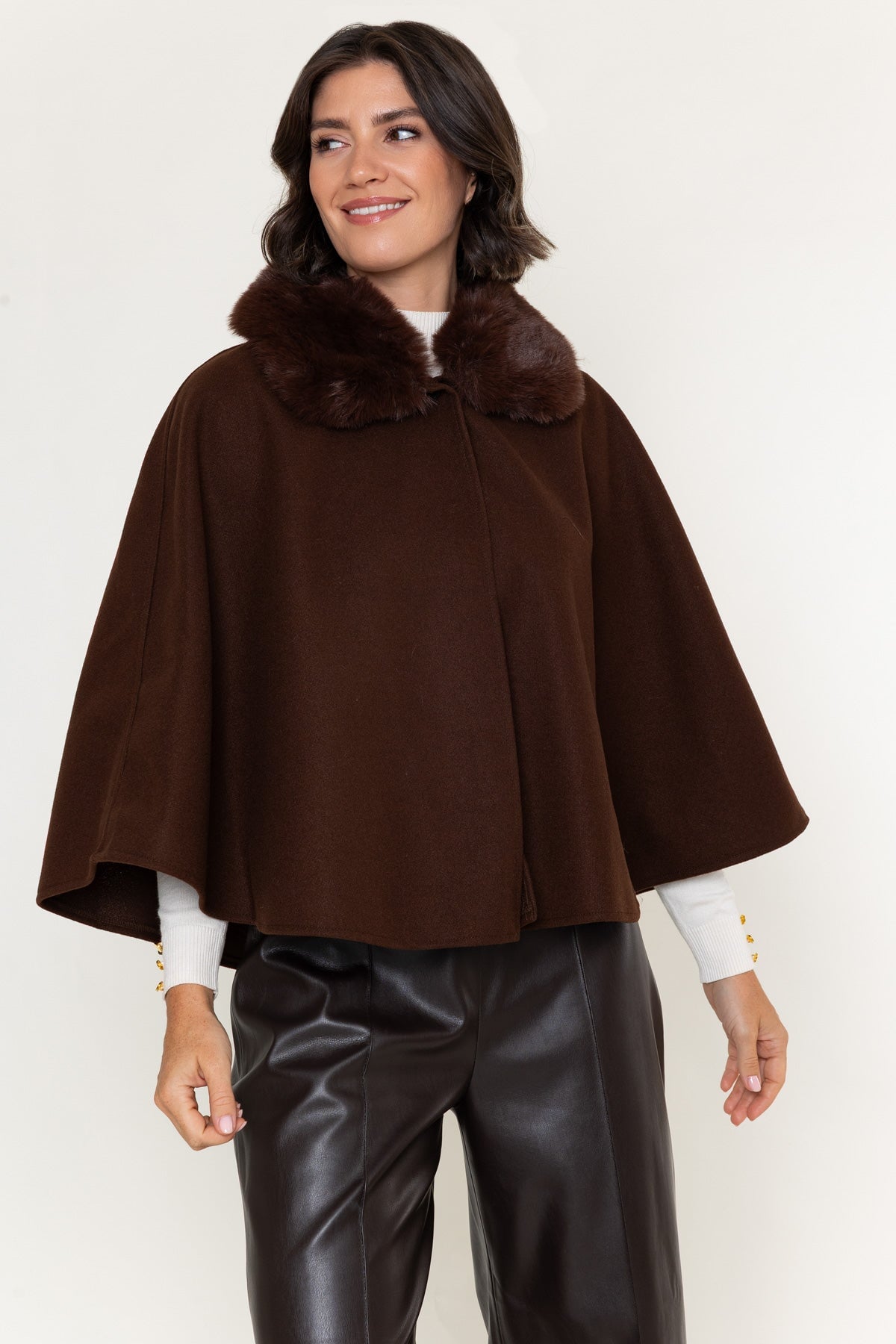 Brown Faux Fur Collar One Button Cape