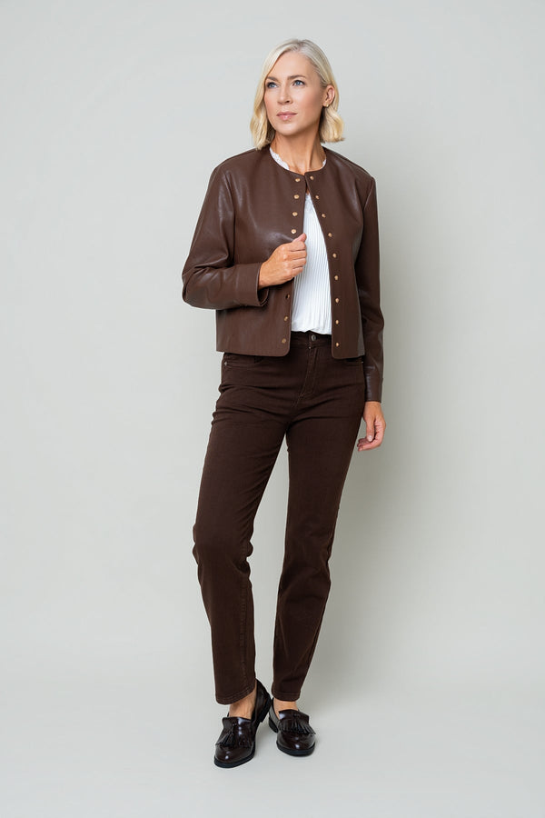 Carraig Donn Brown Faux Leather Collarless Button Placket Jacket