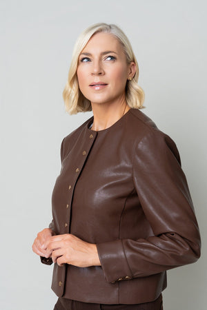 Carraig Donn Brown Faux Leather Collarless Button Placket Jacket