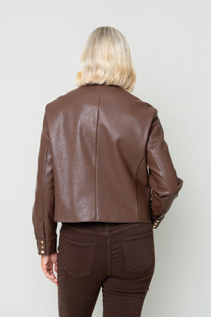 Carraig Donn Brown Faux Leather Collarless Button Placket Jacket