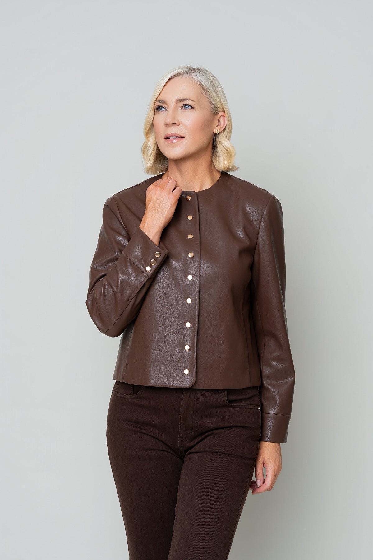 Brown Faux Leather Collarless Button Placket Jacket